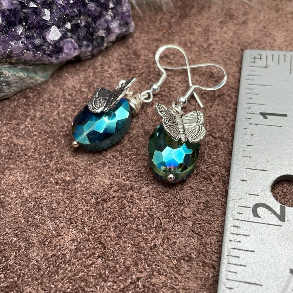 Austrian Crystal With Silver Charm Butterfly Dangling Artisan Earrings - Picture 12 of 13